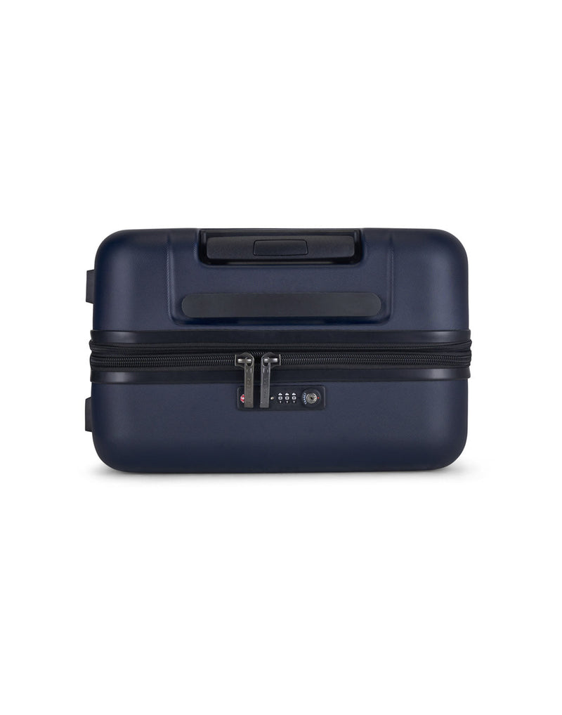 Bugatti Wellington Hardside 28" Expandable Spinner in Navy, top view showing the TSA combination lock.