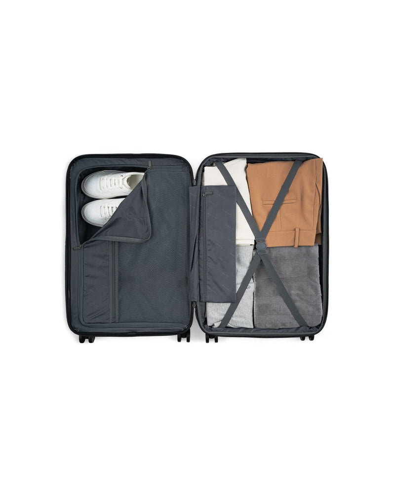 Bugatti Wellington Hardside Carry-on Spinner in Navy, un-zipped showing the interior of the carry-on.