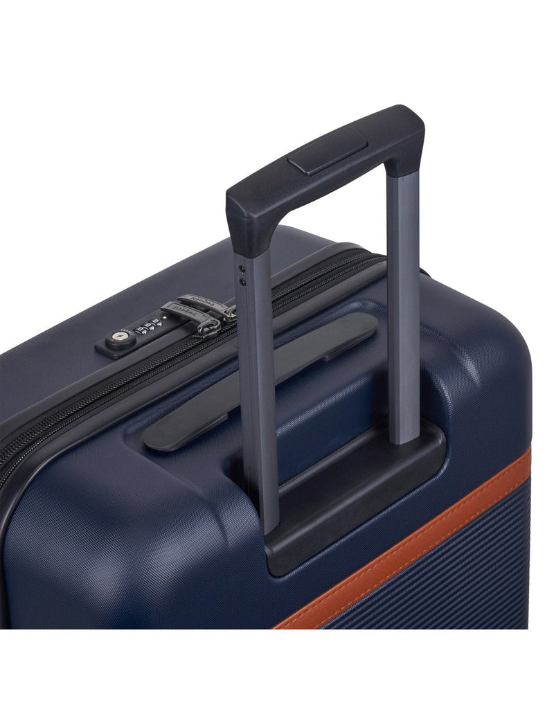 Bugatti Wellington Hardside Carry-on Spinner in Navy, close-up view of the telescopic trolley handle.