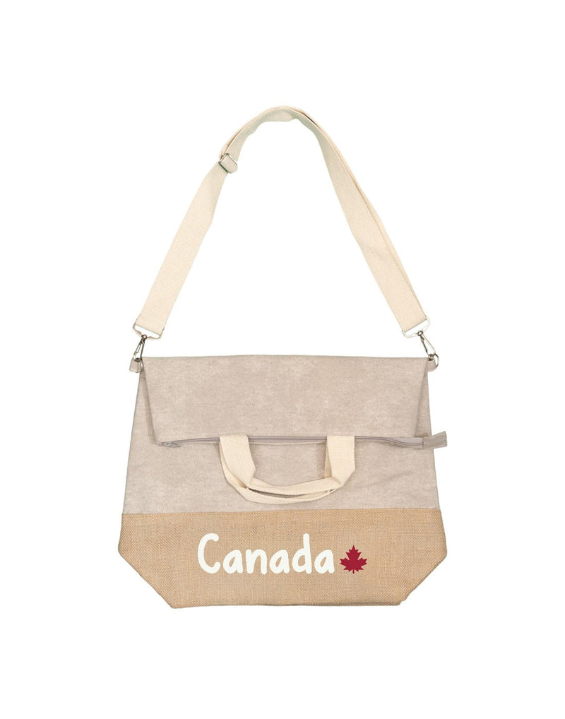 North & Oak Canada Jute Bag, natural colour top and natural jute bottom with Canada print and natural strap