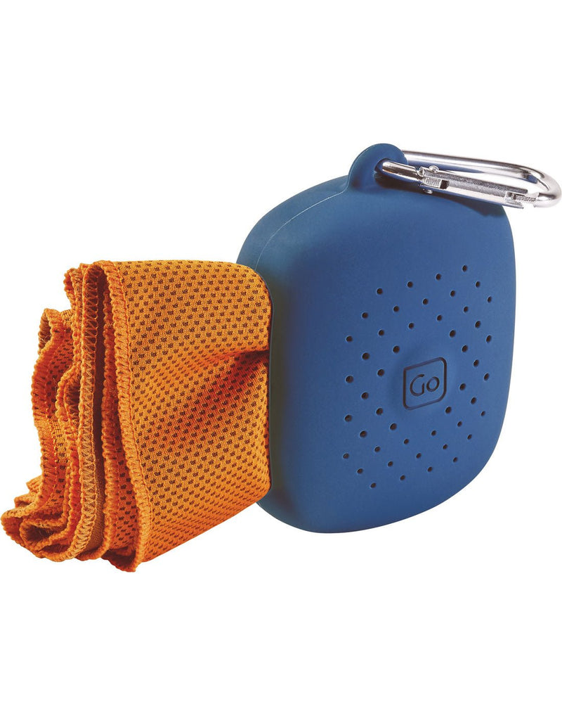 Go Travel Amazing Cool Down Towel, orange, folded into blue silicone carry case with carabiner