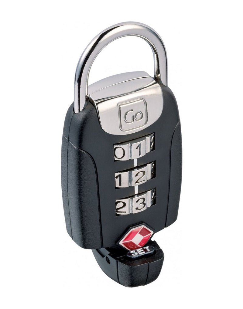 Go travel big dial twist "N" set combination lock, black, front angled view with set dial turned