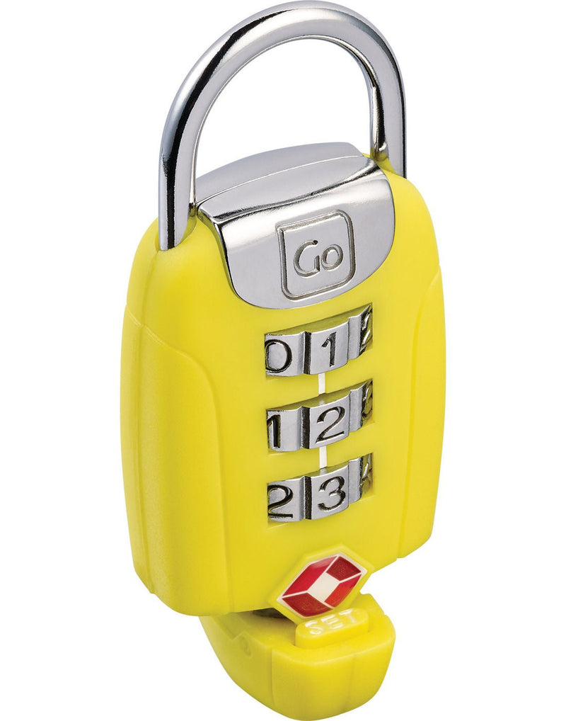 Go travel big dial twist "N" set combination lock, yellow, front angled view with set dial turned