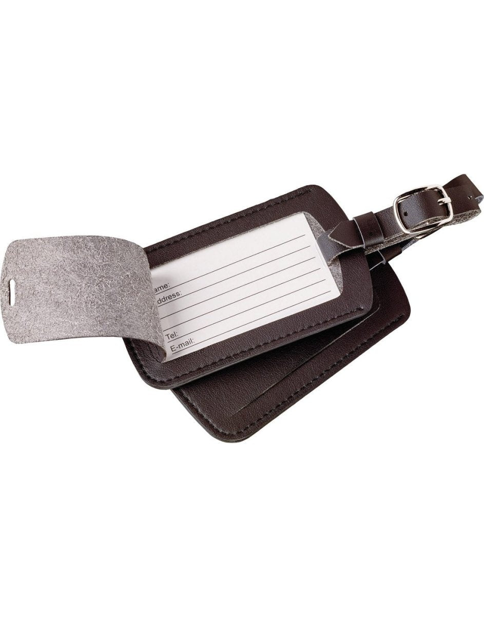 Front view of Go Travel Classic Luggage Tags - 2 pack in black, opened to reveal space where contact information can be written.