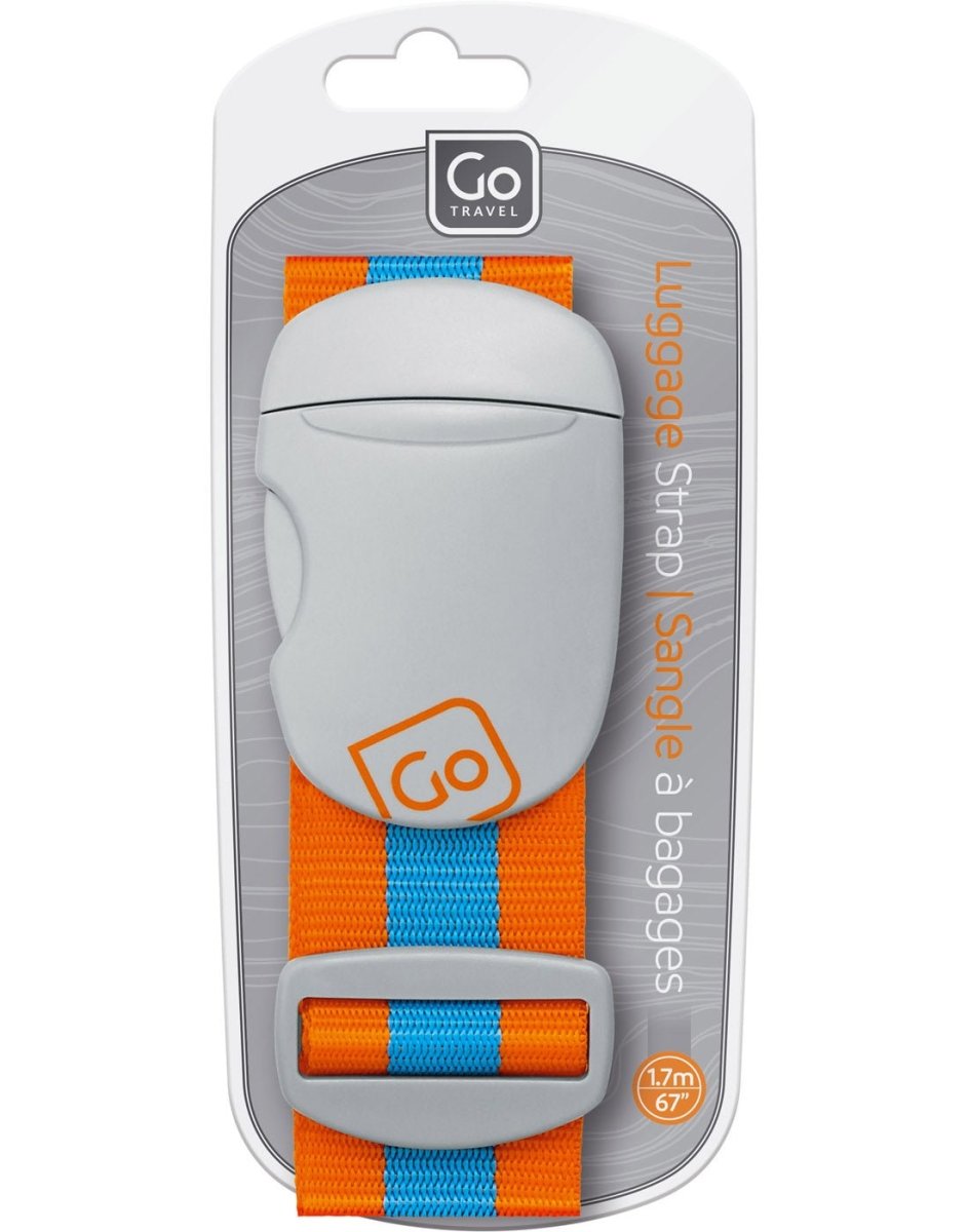 Front view of blue/orange Go Travel Luggage Strap inside its packaging.