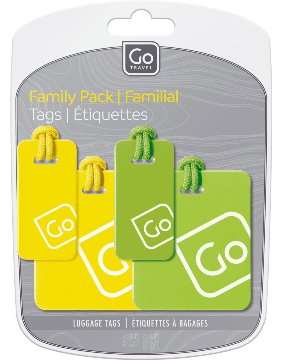 Close up of yellow/green Go Travel Luggage Tags Family Pack inside packaging.