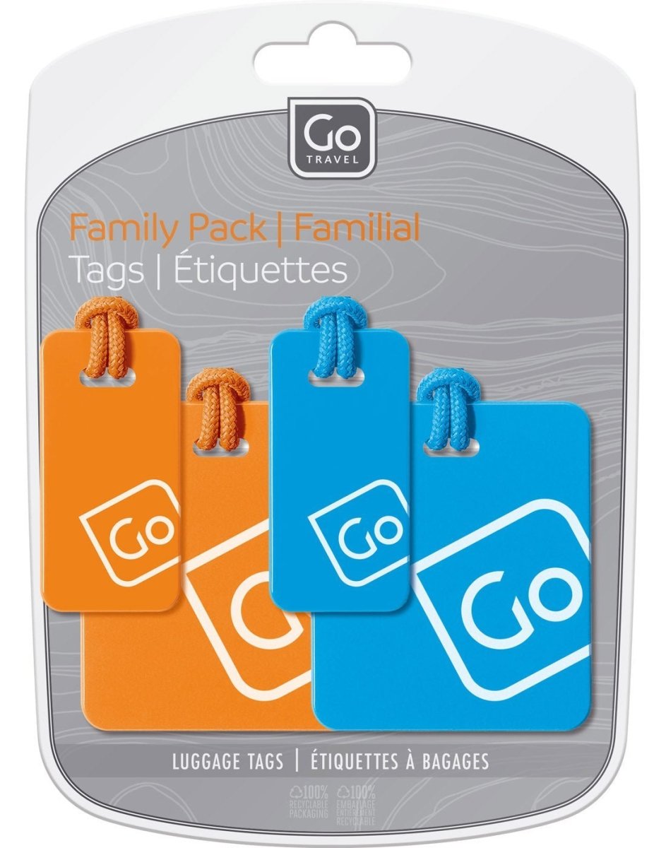 Close up of blue/orange Go Travel Luggage Tags Family Pack inside packaging.