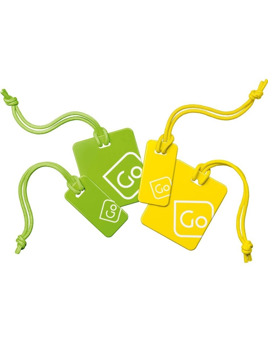 Product view of yellow/green Go Travel Luggage Tags Family Pack, tags are laid out at an angle.