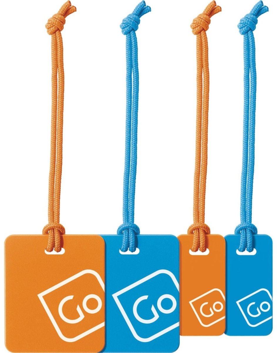 Go Travel Luggage Tags Family Pack in blue/orange, close-up front view.