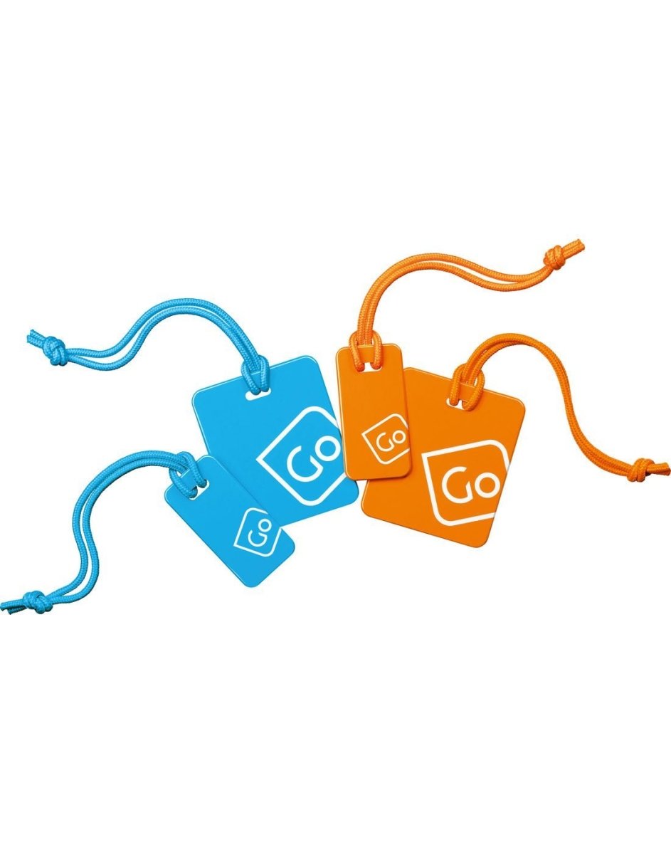 Product view of blue/orange Go Travel Luggage Tags Family Pack, tags are laid out at an angle.