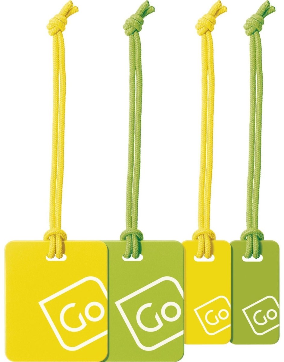 Go Travel Luggage Tags Family Pack in yellow/green, close-up front view.