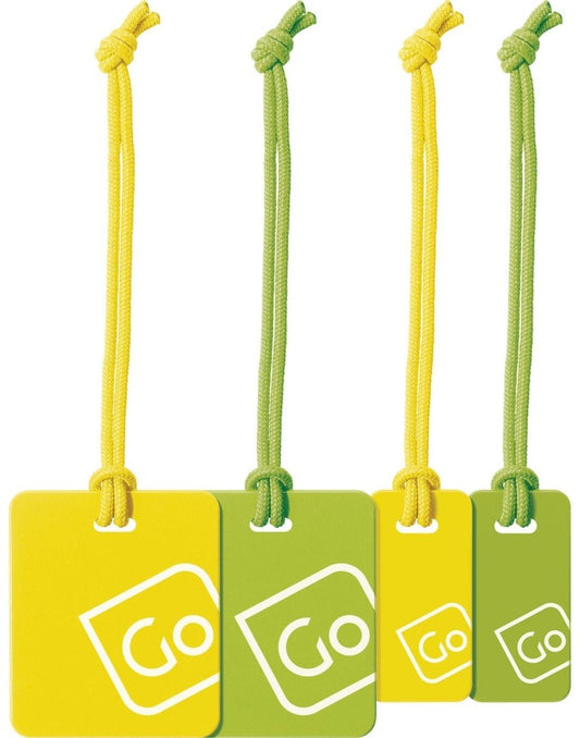 Product Image – Go Travel Luggage Tags Family Pack in yellow/green, close-up front view.