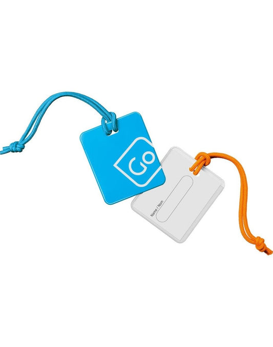 Product Image – Front view of blue/orange Go Travel Luggage Tags Twin Pack, arranged at an angle, with one tag flipped over to reveal area where contact information can be written.