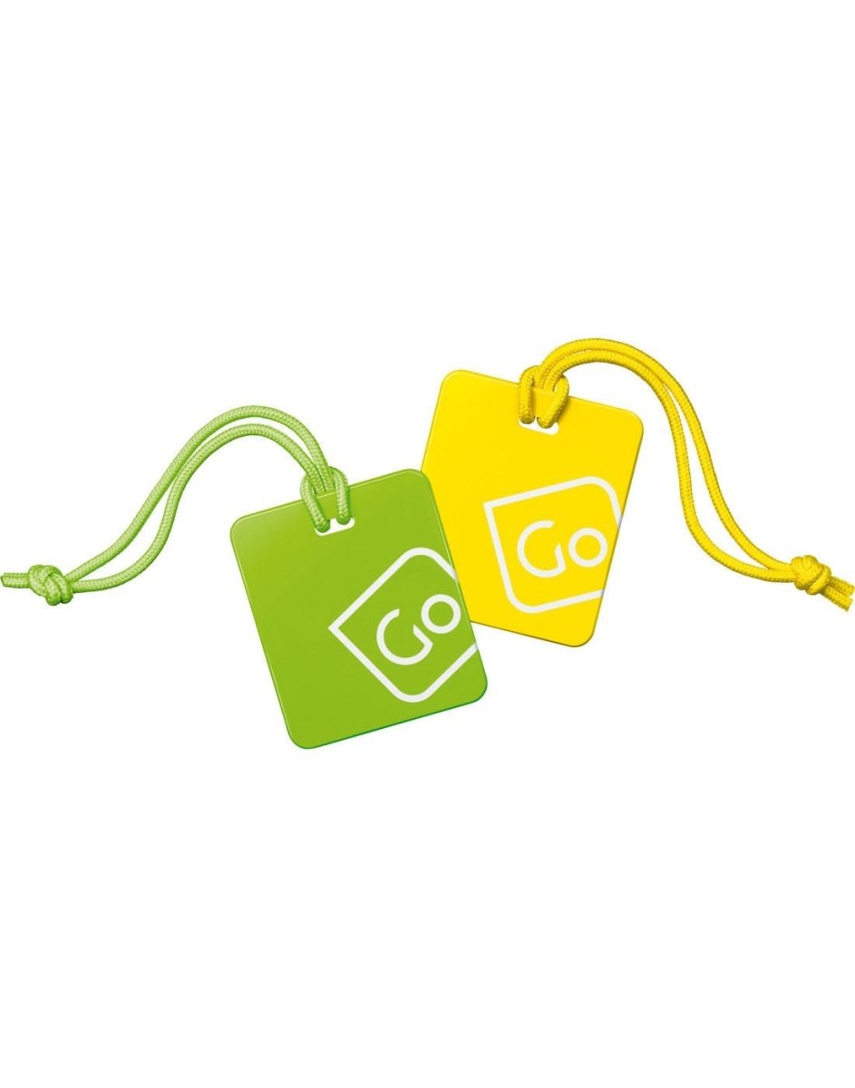 Front view of yellow/green Go Travel Luggage Tags Twin Pack, placed at an angle.