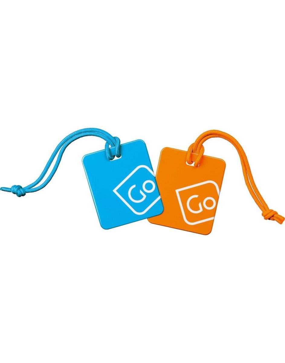 Front view of blue/orange Go Travel Luggage Tags Twin Pack, placed at an angle.