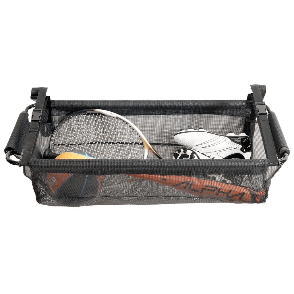 Front view of High Road® CargoStash™ Storage Shelf, with sports equipment and gear positioned inside.