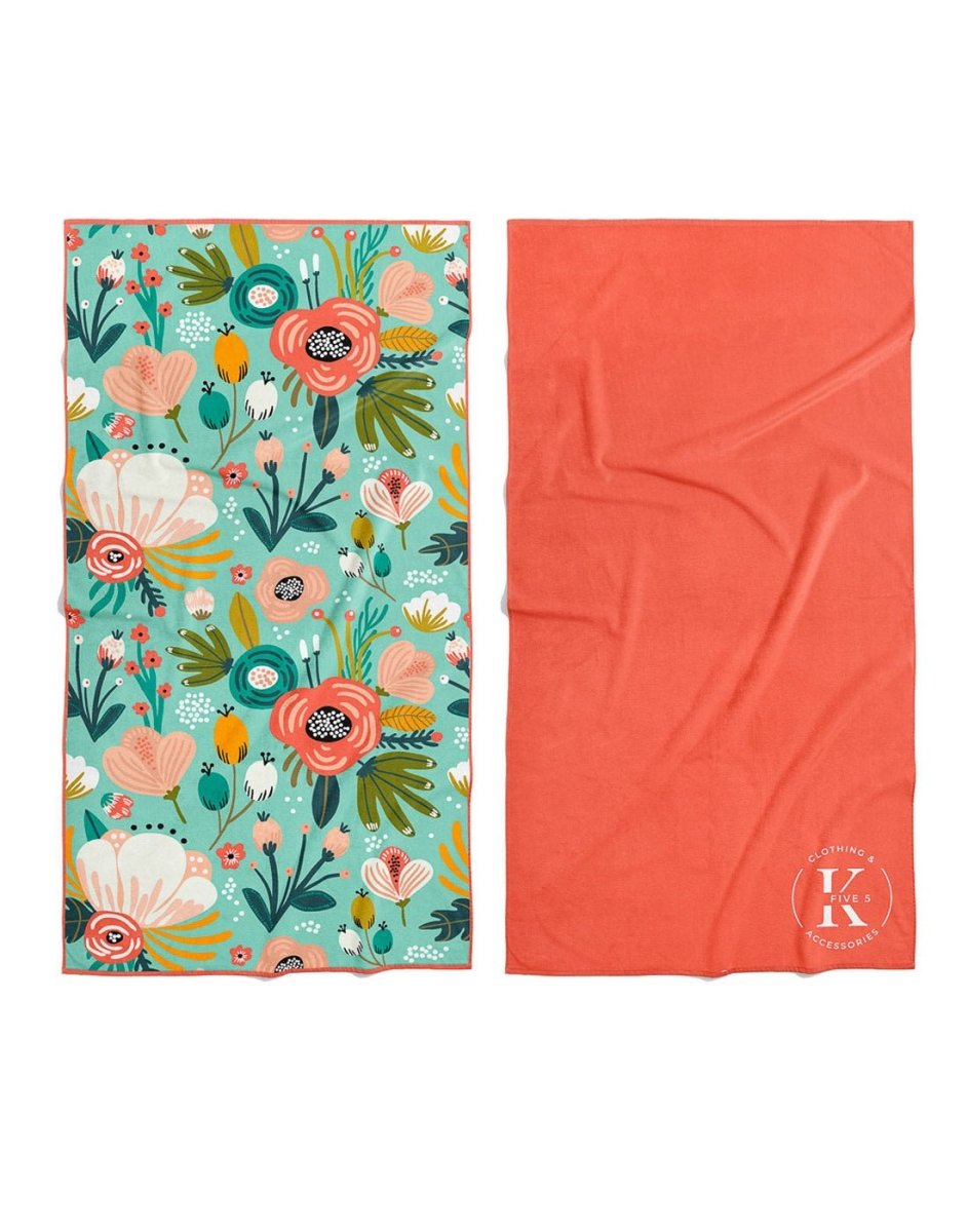 K5 Microfibre Beach Towel set: one floral towel and one coral towel with a small white K5 logo in the corner.