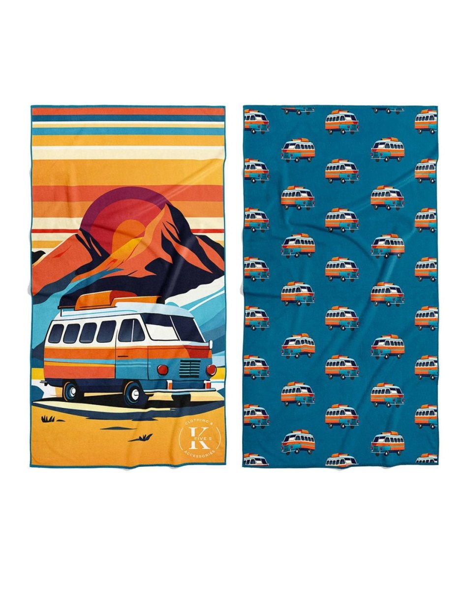 Two K5 Microfibre Beach Towels: one with a sunset van, one with vans on a blue background.