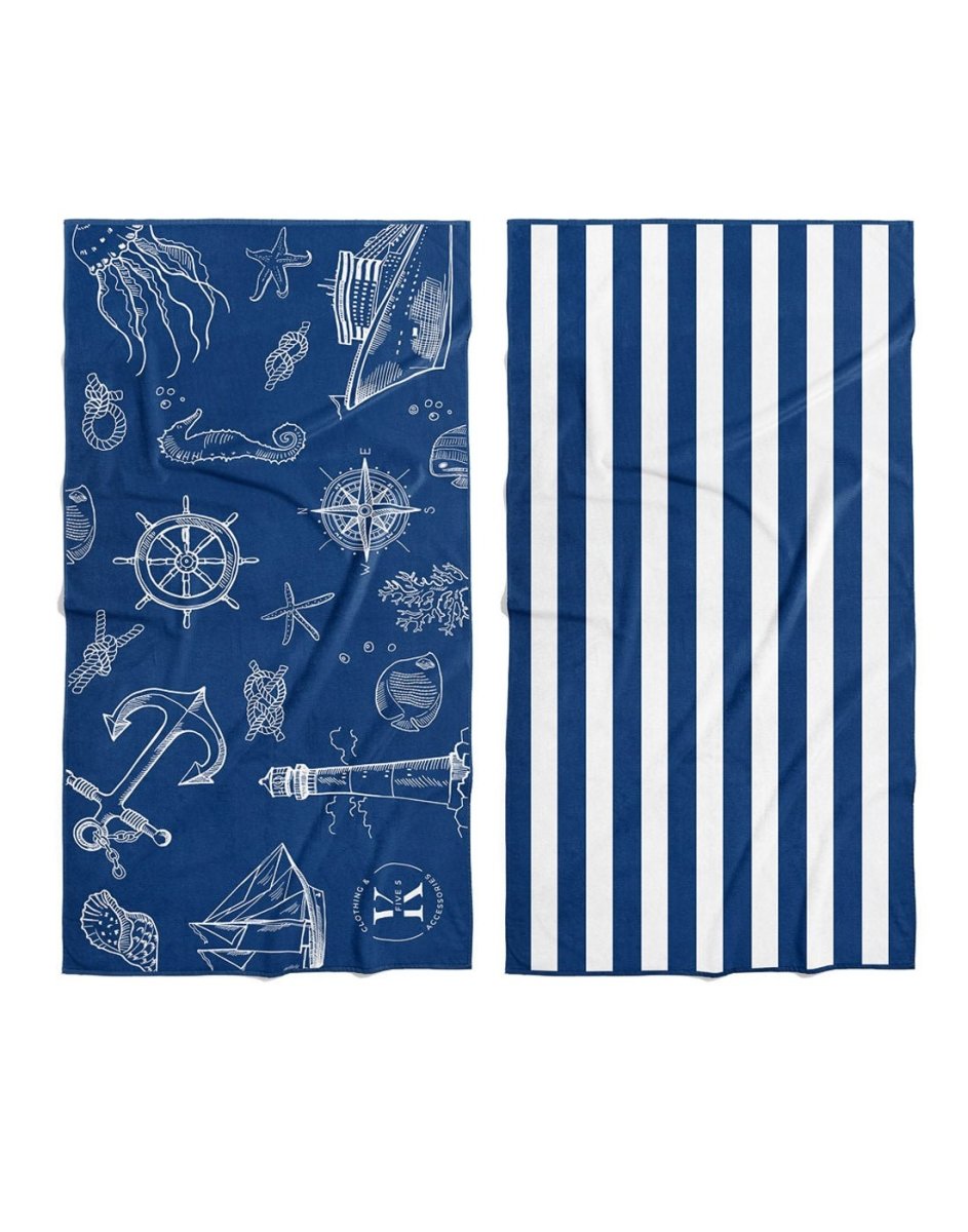 Two compact K5 Microfibre Beach Towels: one nautical print, one ultra-absorbent striped design.