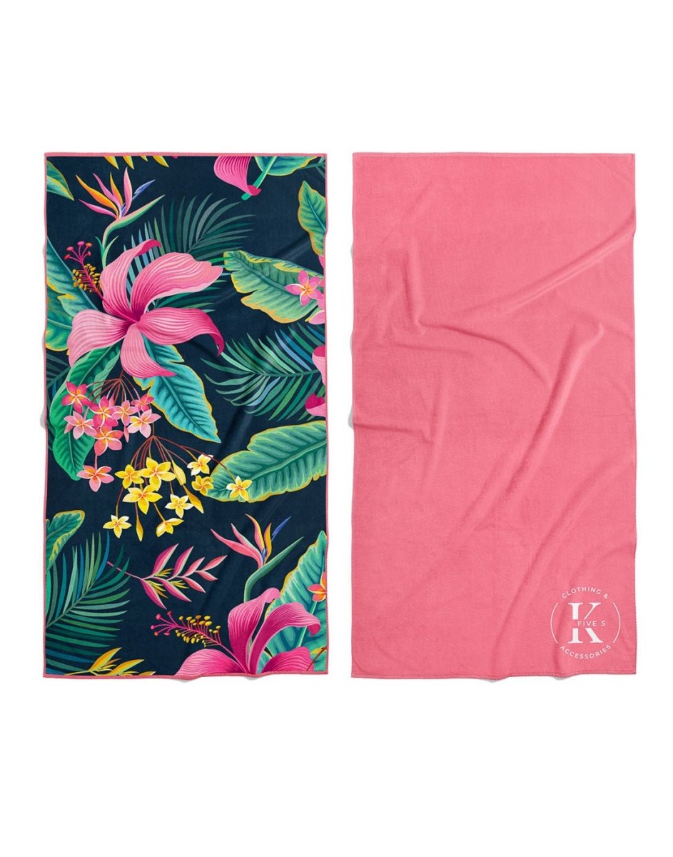 Set of two K5 Microfibre Beach Towels: one tropical floral, one solid pink—both ultra-absorbent.