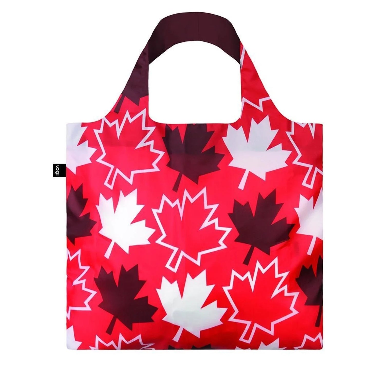 The LOQI Reusable Tote by Loqi features maple leaf patterns, eco-friendly material, and a small black logo tag.