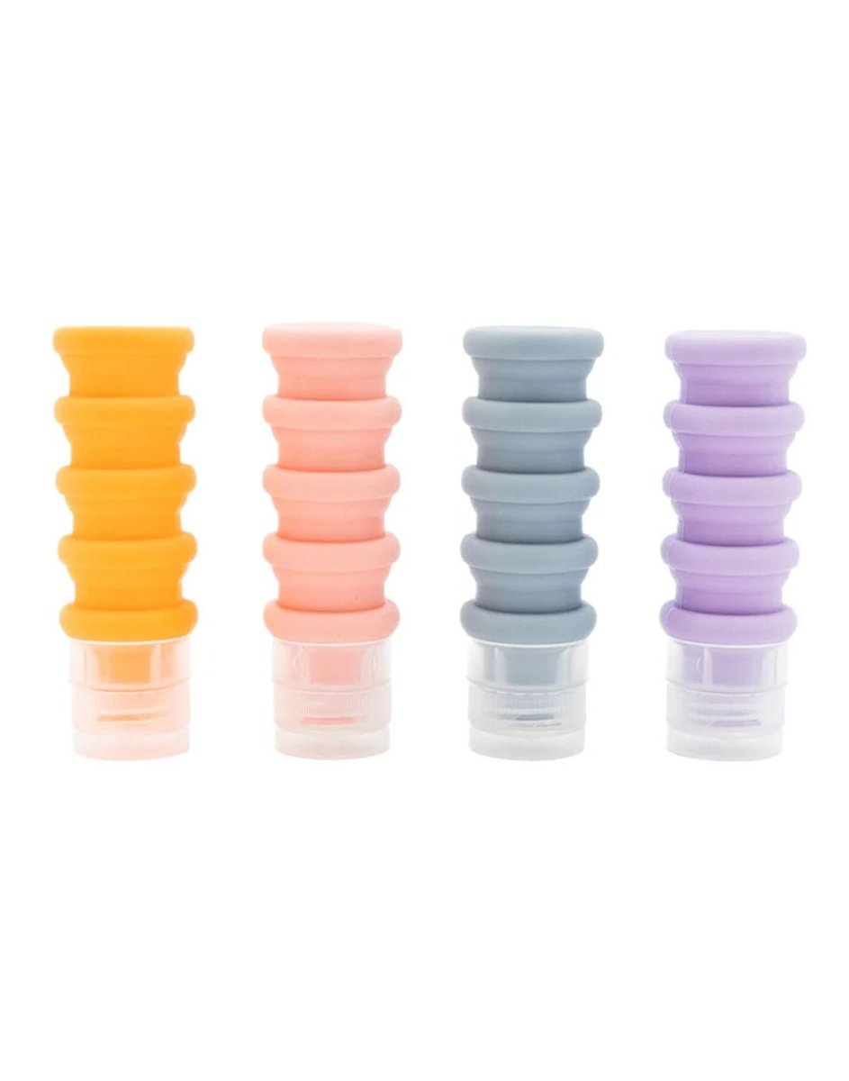 MyTagAlongs Set of 4 Expandable Silicone Travel Bottles in vibrant pastels, front view.