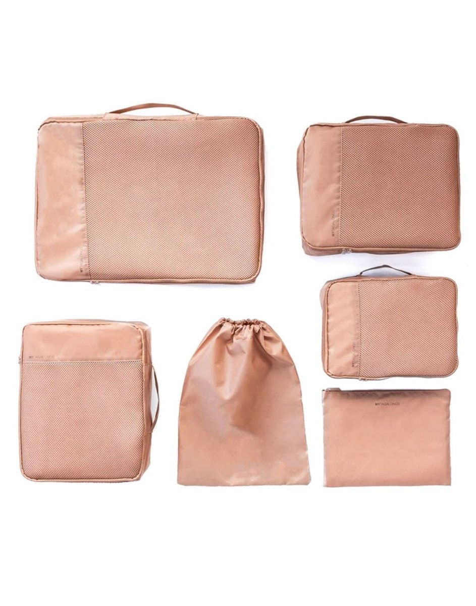 MyTagAlongs Set of 6 Packing Pods in caramel, front view.