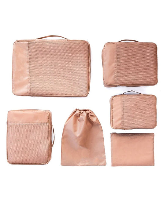 Product Image – MyTagAlongs Set of 6 Packing Pods in caramel, front view.