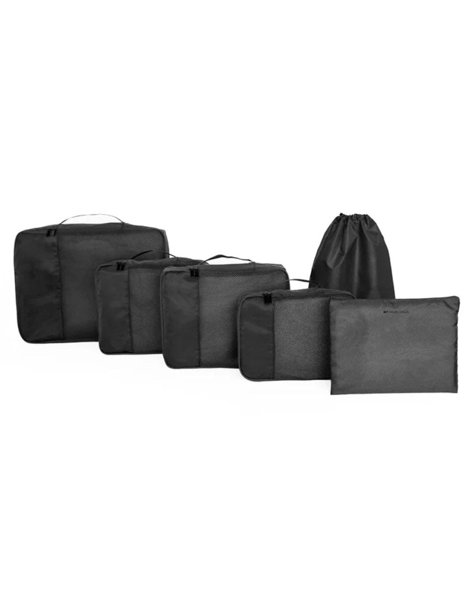 Front view of black MyTagAlongs Set of 6 Packing Pods, positioned diagonally.