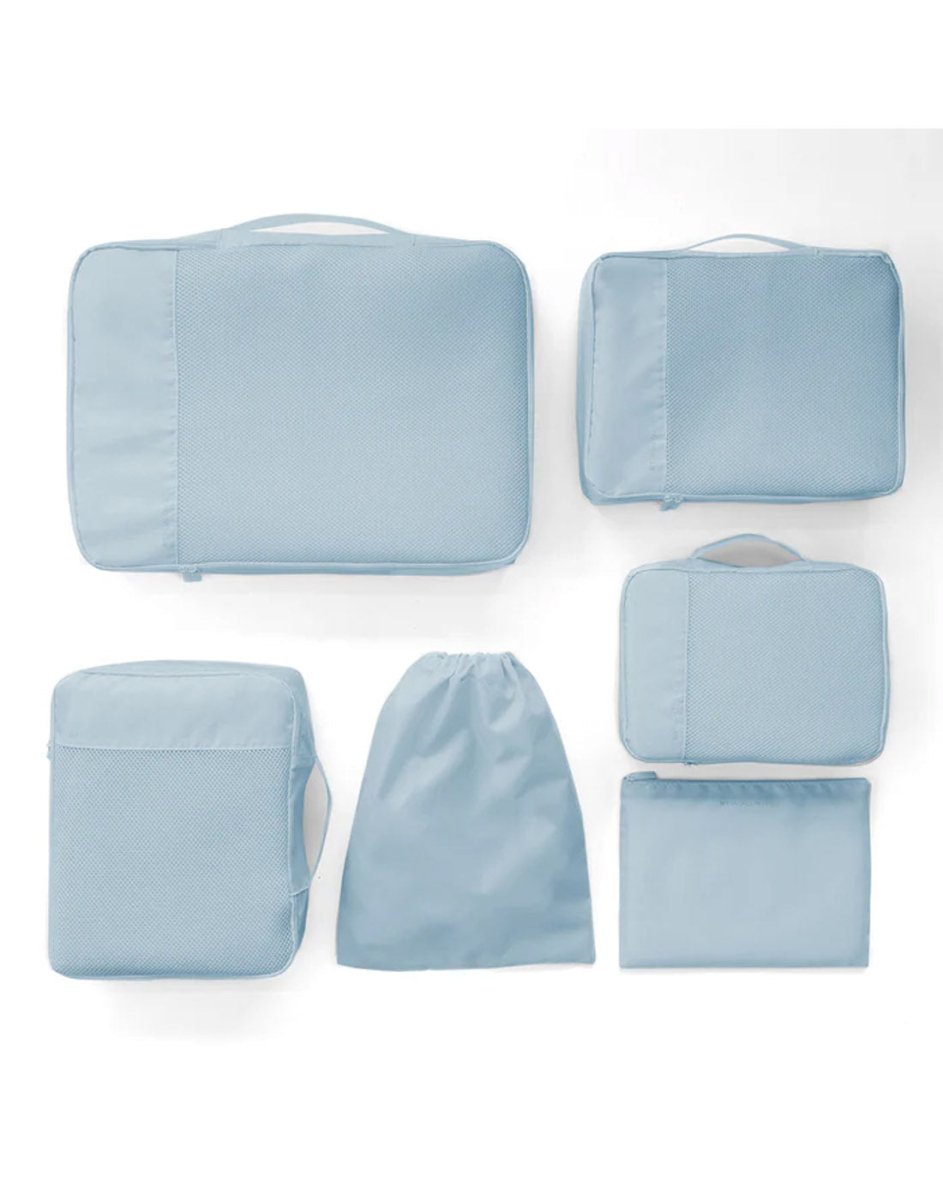 MyTagAlongs Set of 6 Packing Pods in arctic ice, front view.