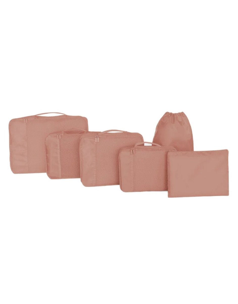 Front view of caramel MyTagAlongs Set of 6 Packing Pods, positioned diagonally.