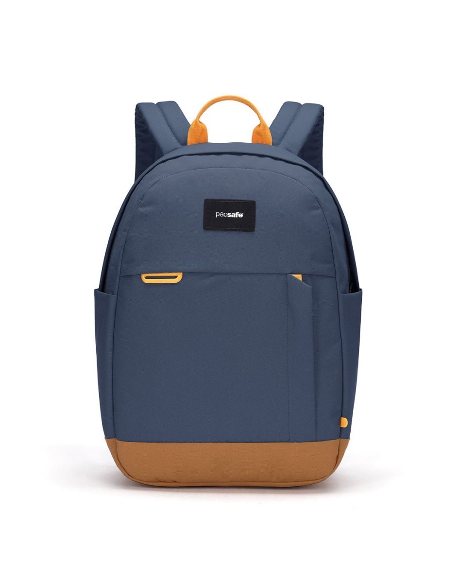 Pacsafe® Go 15L Anti-theft Backpack, coastal blue colour with tan bottom gusset, front view.