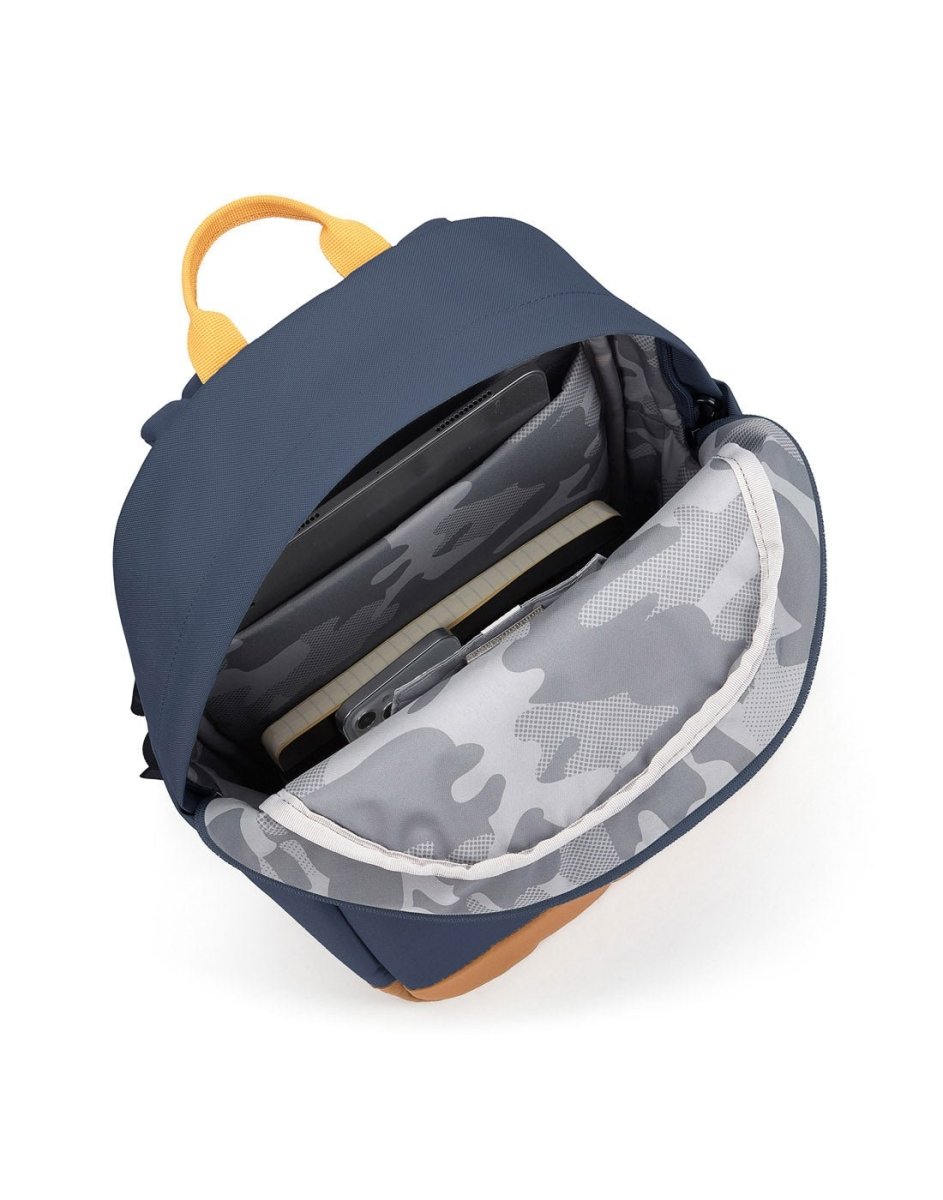 Pacsafe® Go 15L Anti-theft Backpack, coastal blue colour with tan bottom gusset. Bag unzipped showing the interior of the bag.