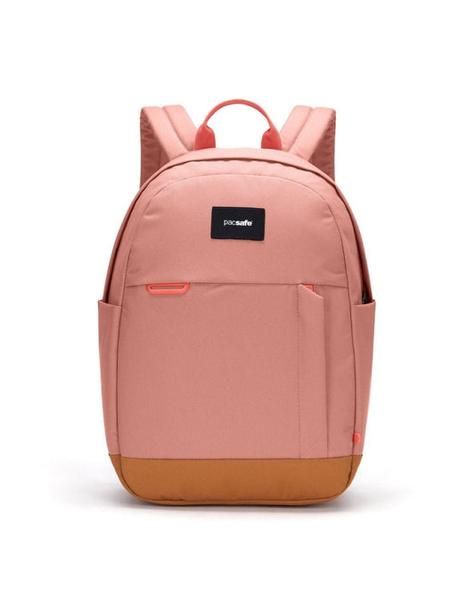 Product Image – Pacsafe® Go 15L Anti-theft Backpack, rose colour with tan bottom gusset, front view.