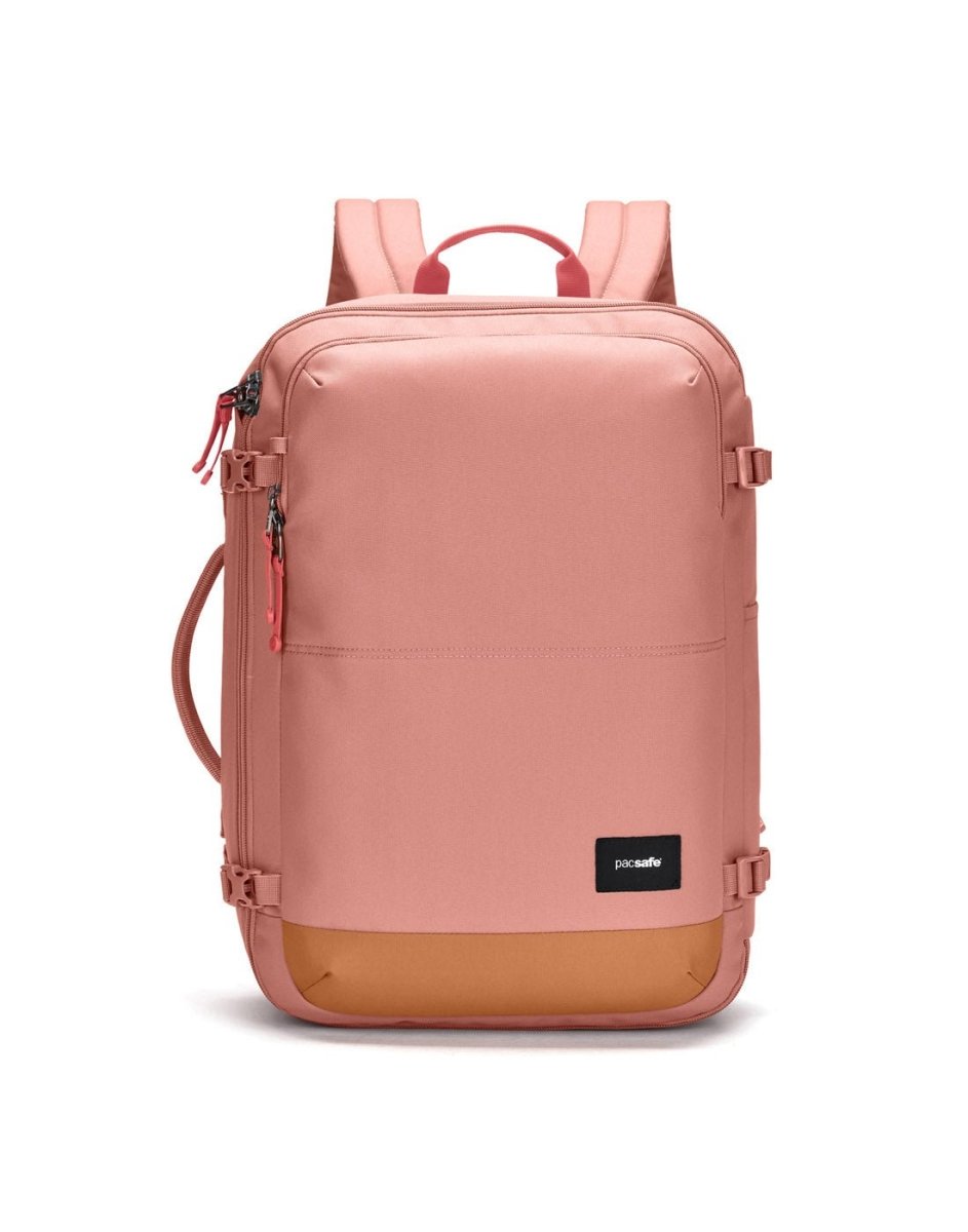 The Pacsafe® GO 34L pink carry-on backpack by Pacsafe features a brown base, top handle, and lockable main compartment.