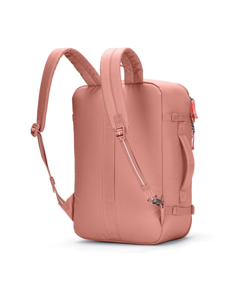 Pacsafe® GO 34L pink anti-theft backpack with padded straps, recycled polyester, and lockable main compartment.
