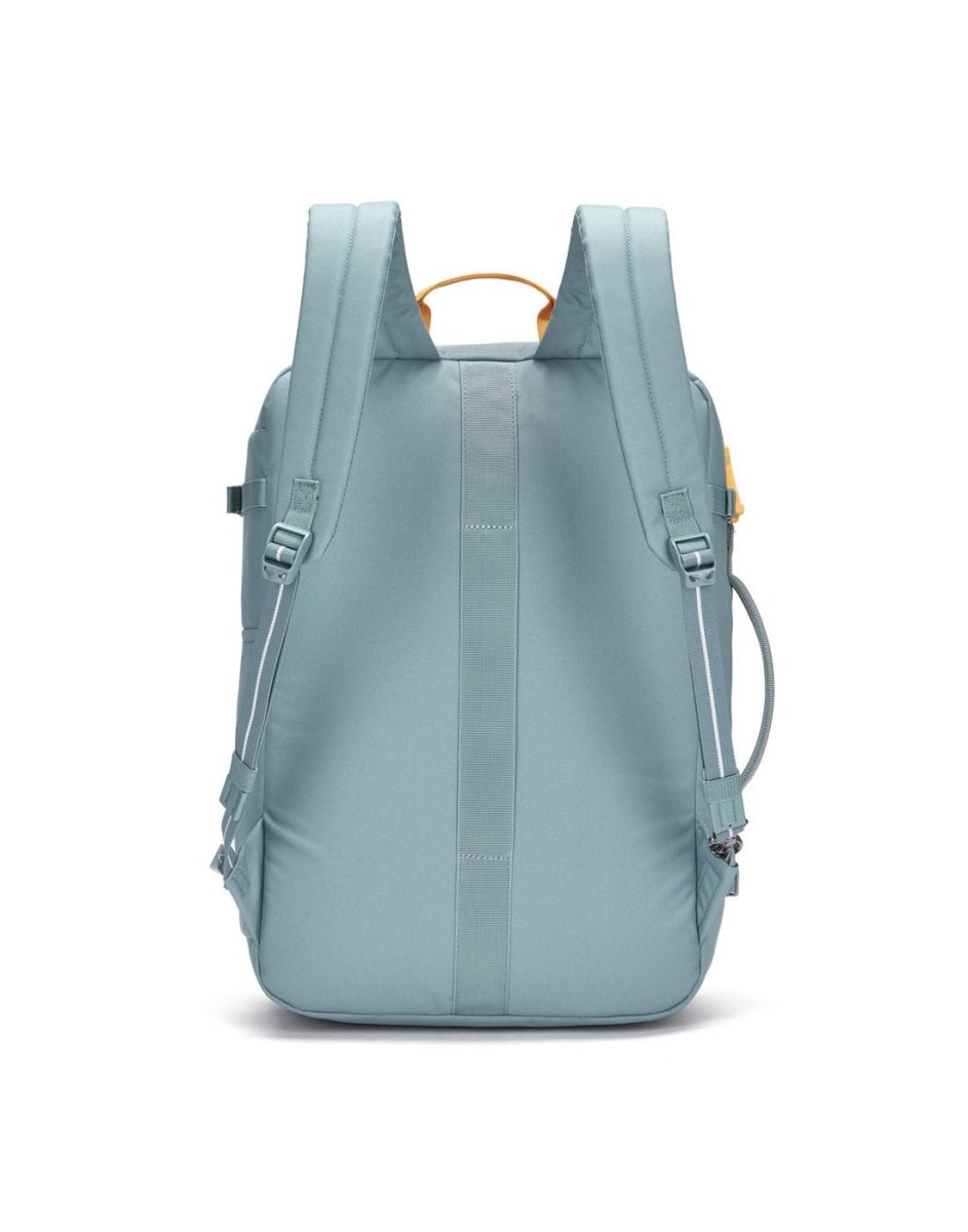 The Pacsafe® GO 34L teal backpack by Pacsafe features recycled polyester, padded straps, and a yellow handle.