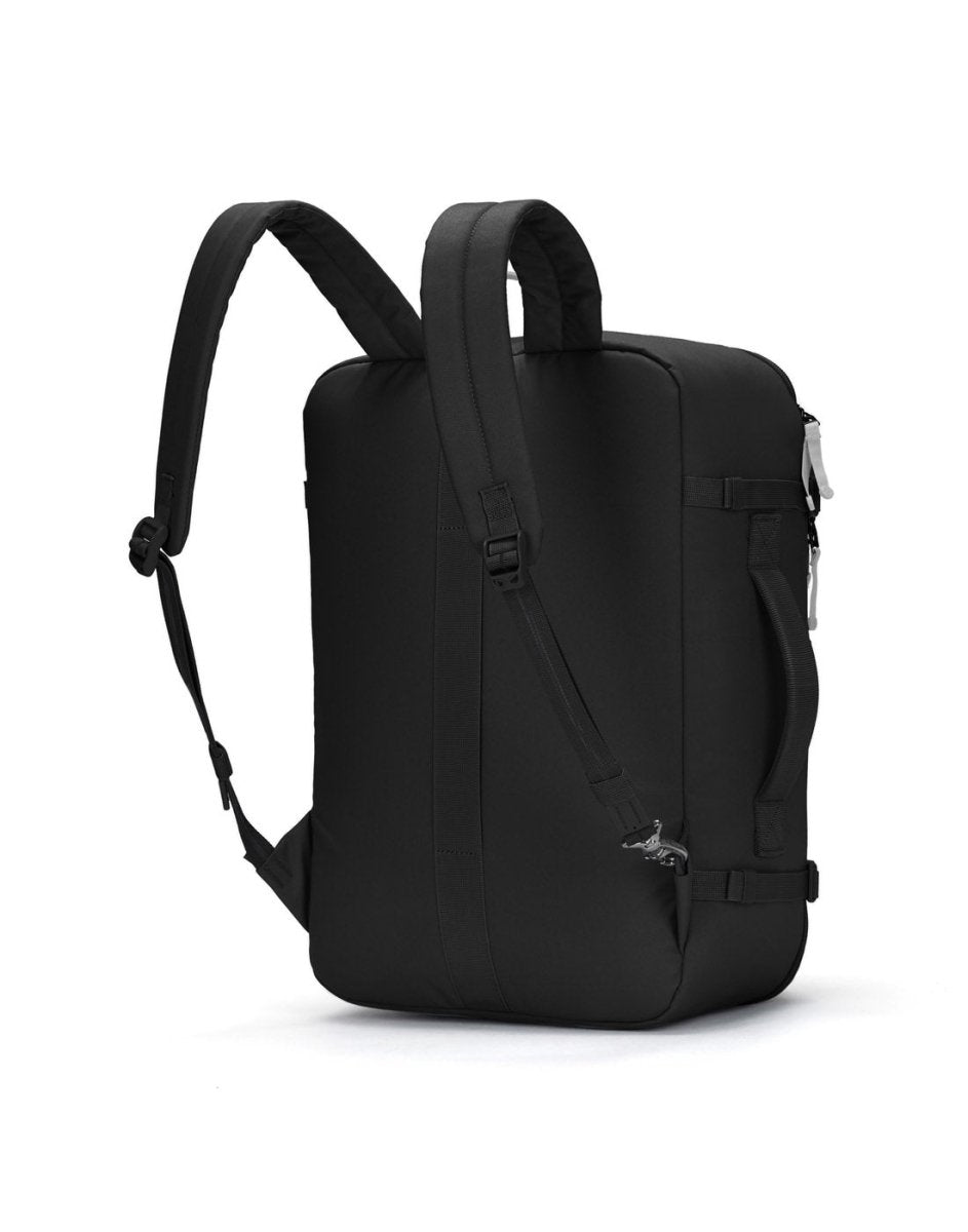 The Pacsafe® GO 34L Anti-theft Carry-on Backpack in black with padded straps, on a white background.