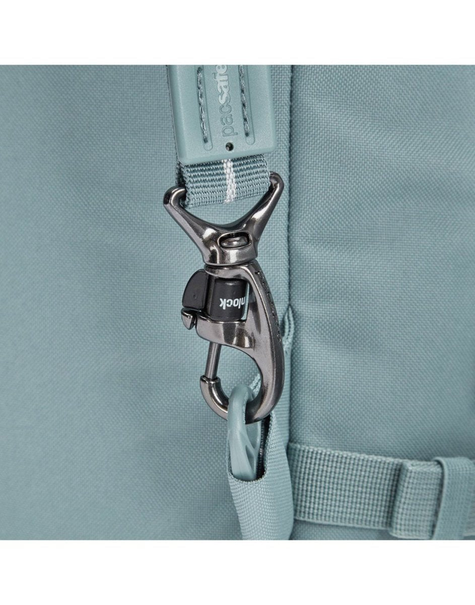 Close-up of a silver clasp on teal recycled strap of Pacsafe® GO 34L Anti-theft Carry-on Backpack.