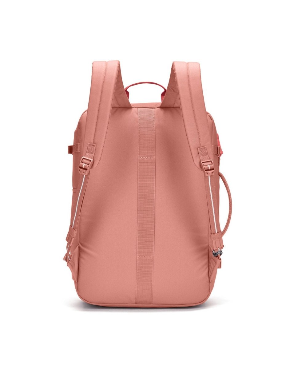 Back view of the Pacsafe® GO 34L Anti-theft Carry-on Backpack in pink with adjustable straps and lockable main compartment.