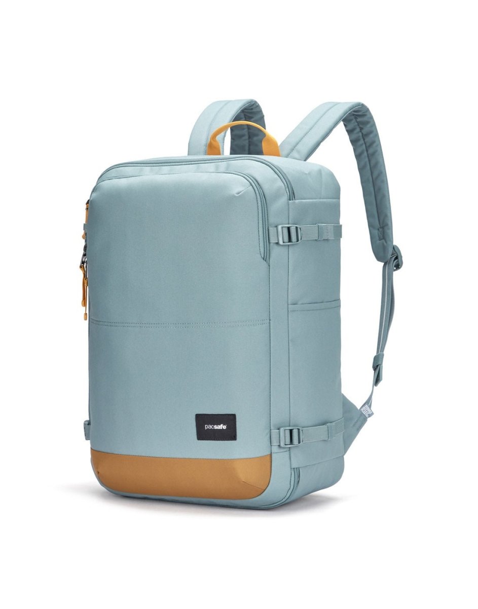 Pacsafe® GO 34L Anti-theft Carry-on Backpack in light blue with tan accents, padded straps, and lockable main compartment.