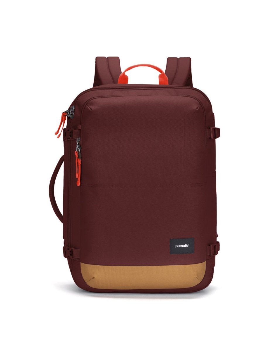 Pacsafe® GO 34L maroon/tan anti-theft carry-on backpack with lockable compartment and red zipper pulls.
