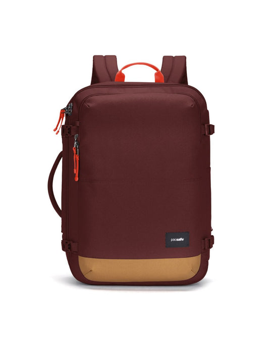 Product Image – Pacsafe® GO 34L maroon/tan anti-theft carry-on backpack with lockable compartment and red zipper pulls.