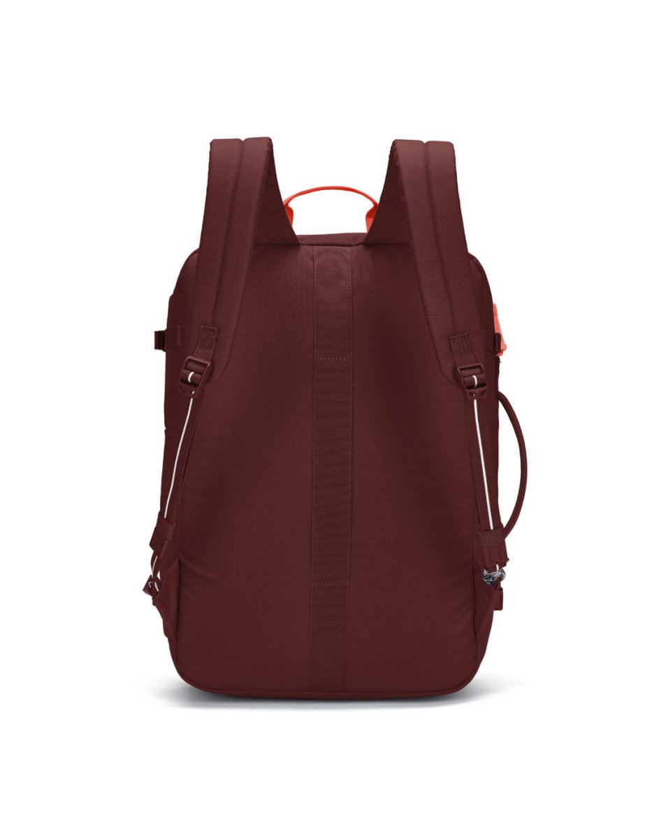 The Pacsafe® GO 34L Anti-theft Carry-on Backpack in maroon, shown from the back with padded straps and top handle.