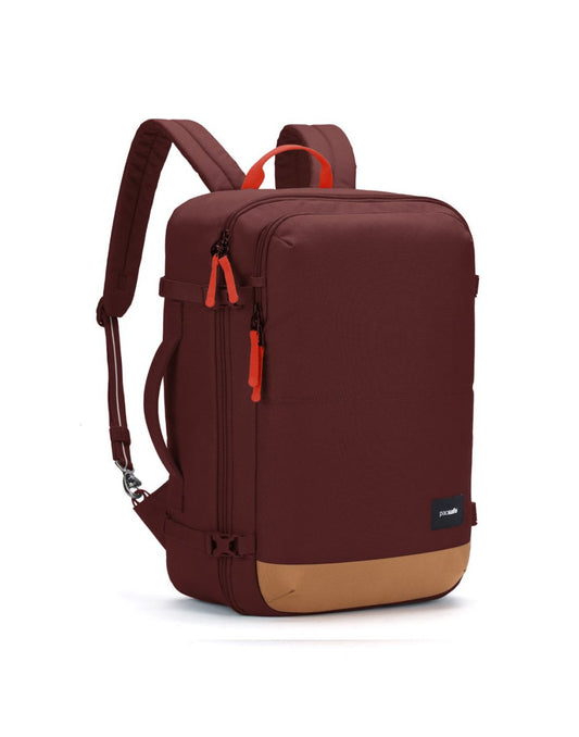 Product Image – Pacsafe® GO 34L anti-theft carry-on backpack in maroon/tan with orange zipper pulls and adjustable straps.