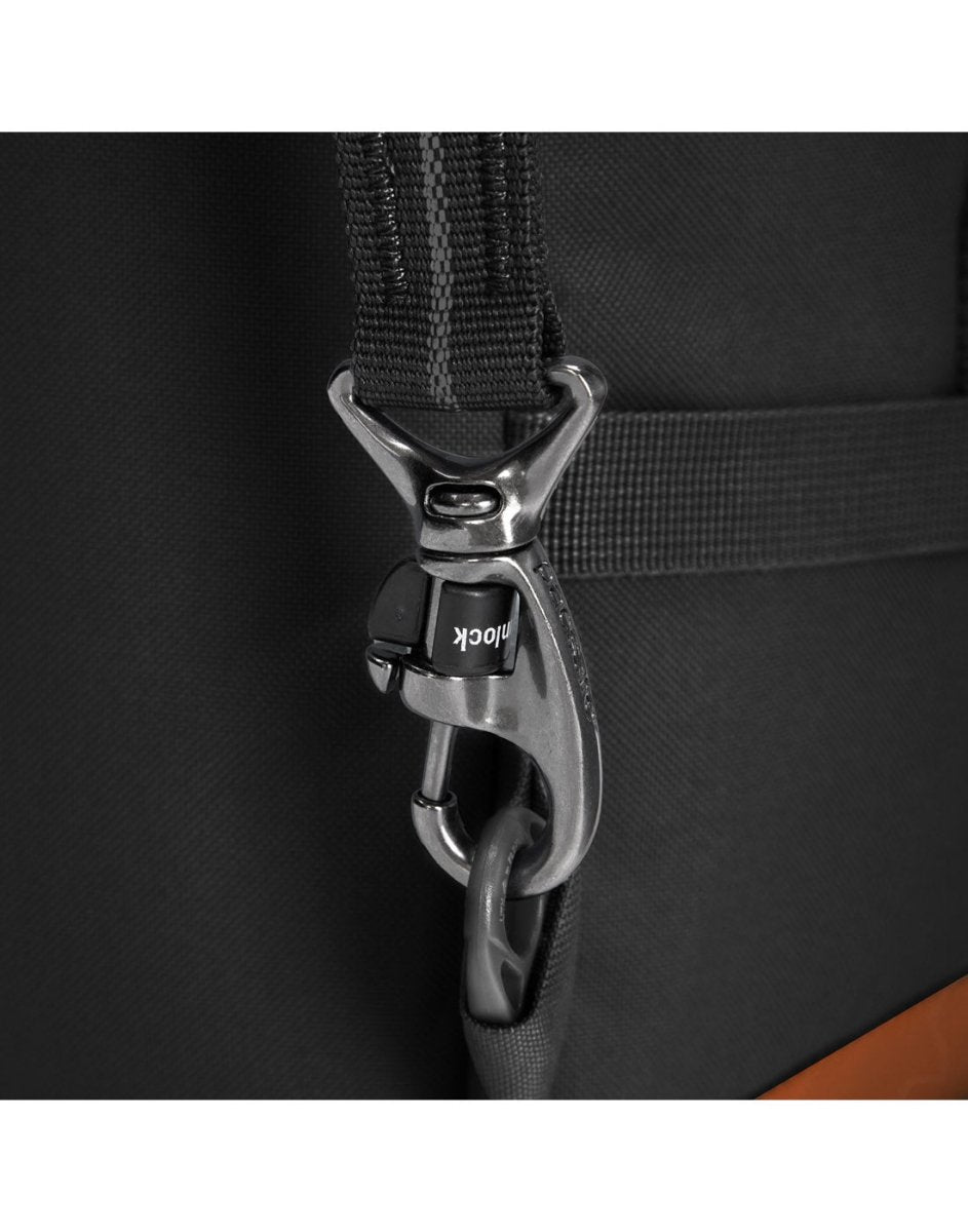 Close-up of Pacsafe® GO 44L Backpack's black strap with silver "lock" clasp on recycled polyester.