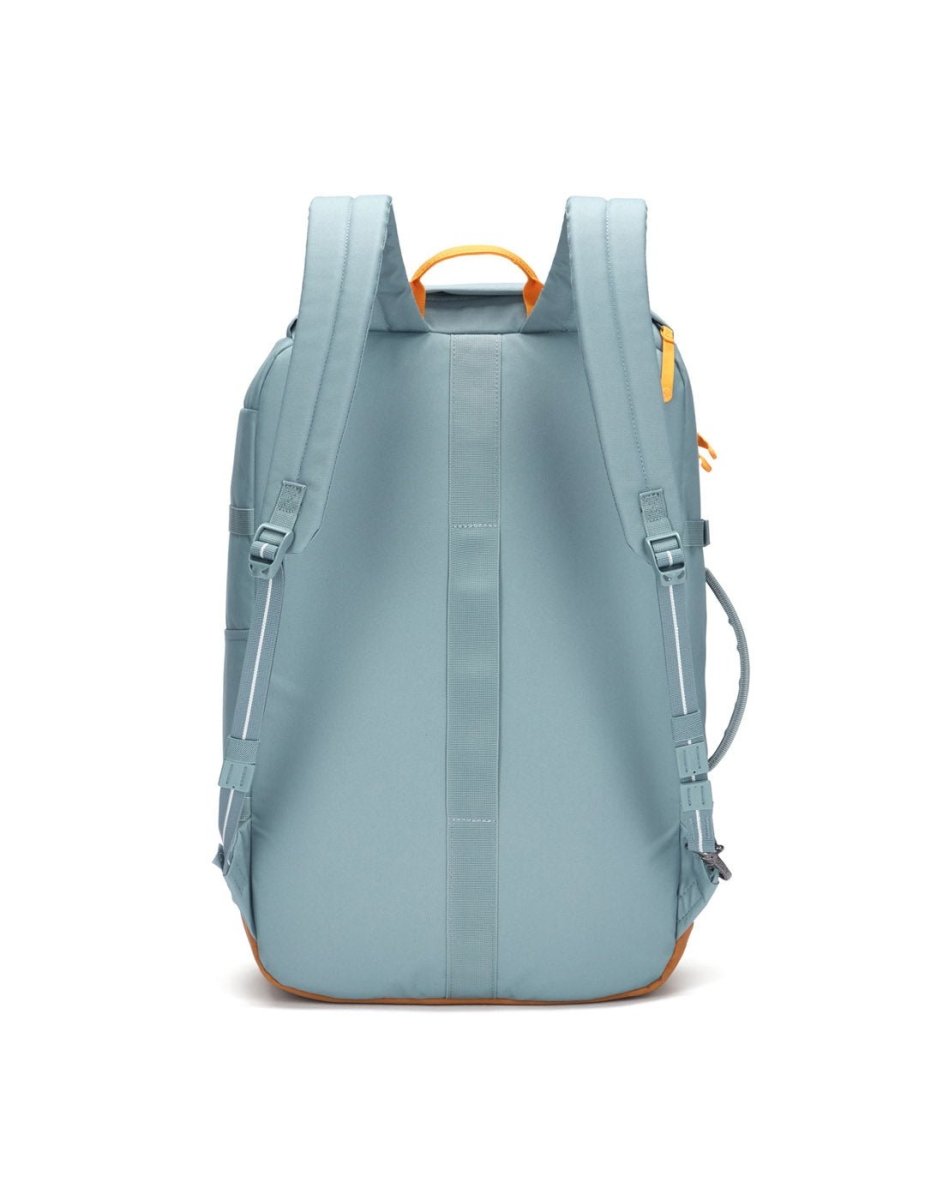 The Pacsafe® GO 44L light blue carry-on backpack features padded straps, RFID pocket, and orange handle.