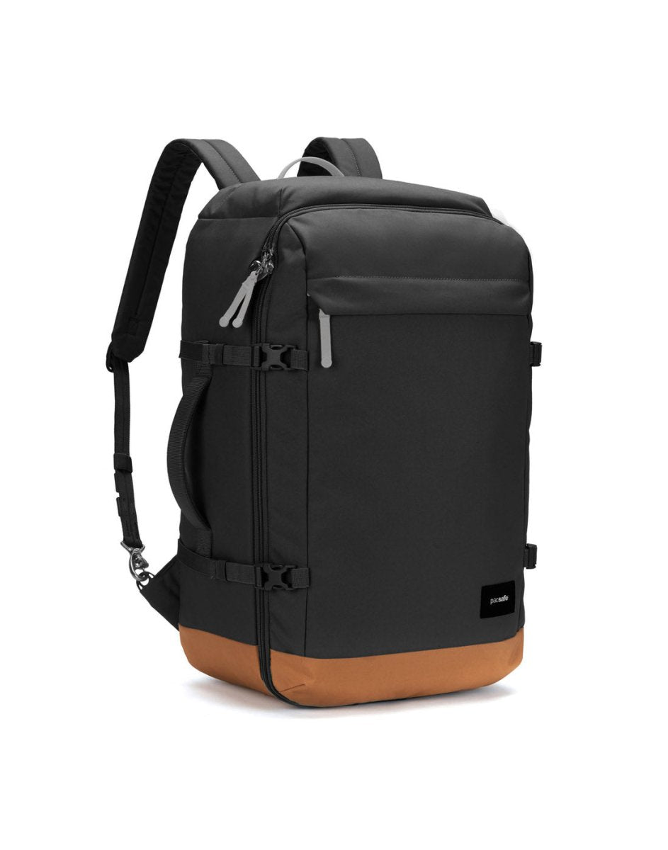 Pacsafe® GO 44L anti-theft carry-on backpack with RFID-block pocket, multiple compartments, and adjustable straps.