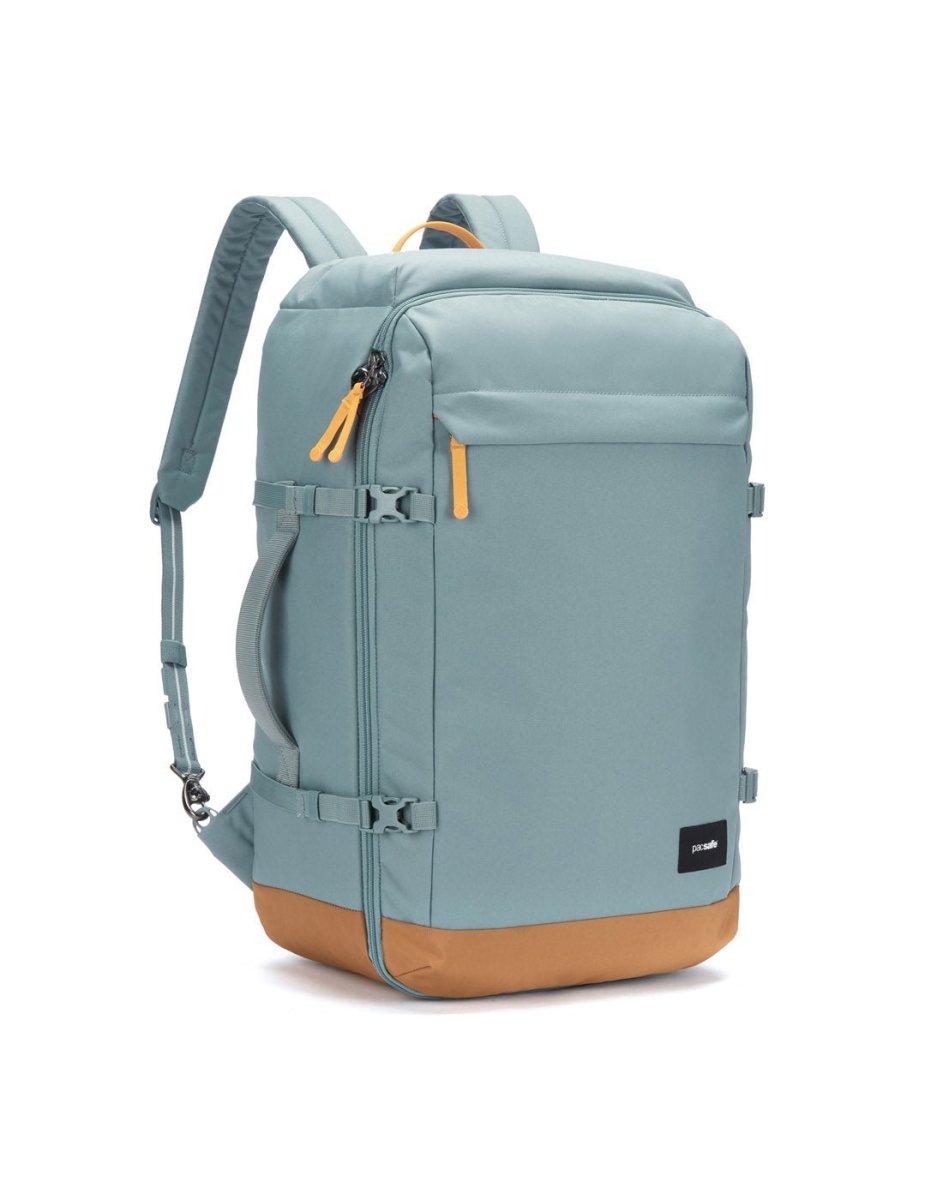 Pacsafe® GO 44L Anti-theft Carry-on Backpack in light blue with tan base, orange pulls, and RFID pocket.