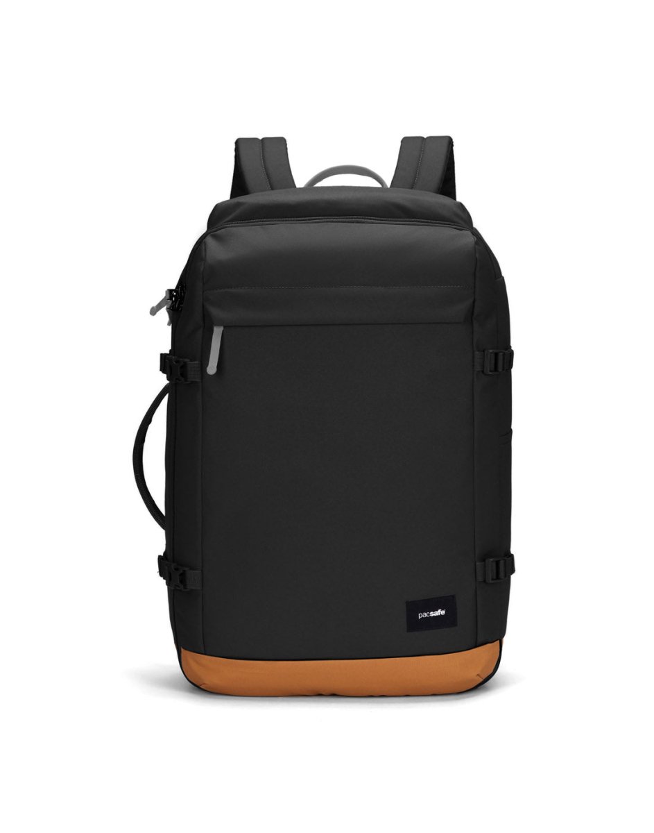 Pacsafe® GO 44L anti-theft carry-on backpack in black/brown with top handle, RFID pocket, and zippered compartments.